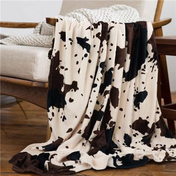 Cow Print Blanket Animal Brown Black Milky White Faux Fur Throw Blankets Western - Picture 1 of 7